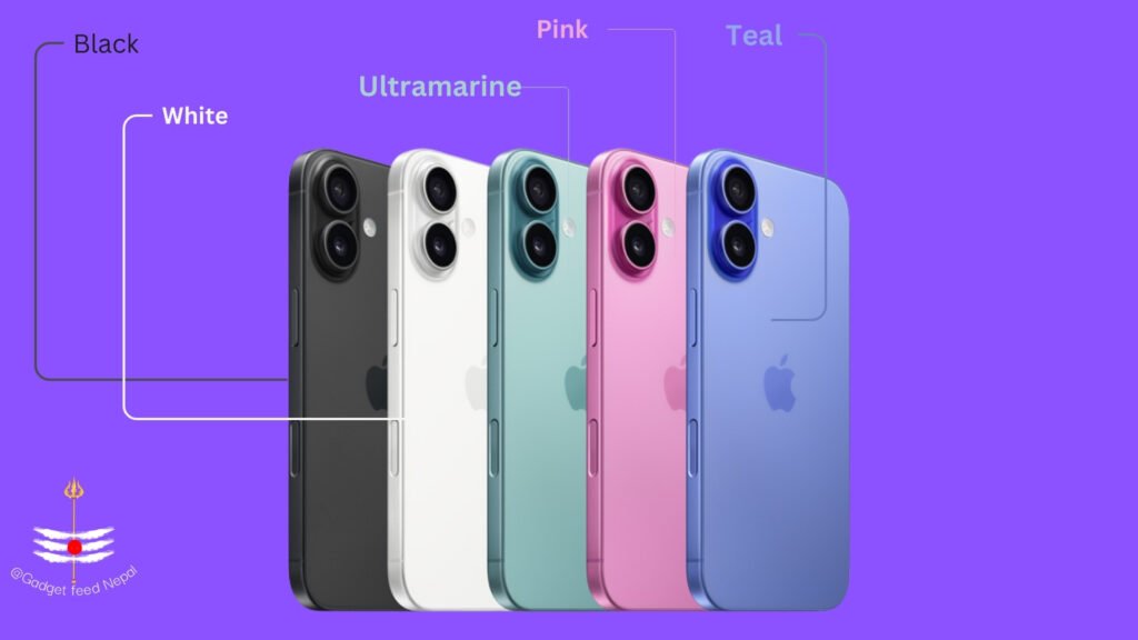 iPhone 16 Colours; black, white, pink, teal, ultramarine